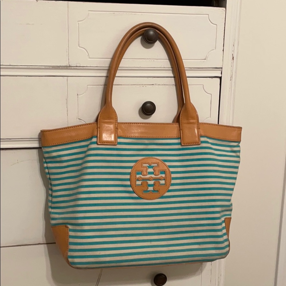 Tory Burch Teal and Cream Striped Tote with Tan Leather Trim